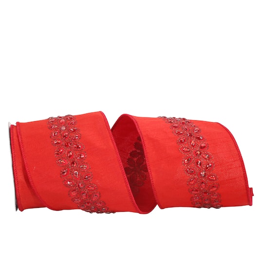 JAM Paper 4" x 5yd. Dupioni Wired Edge Beaded Embroidered Ribbon